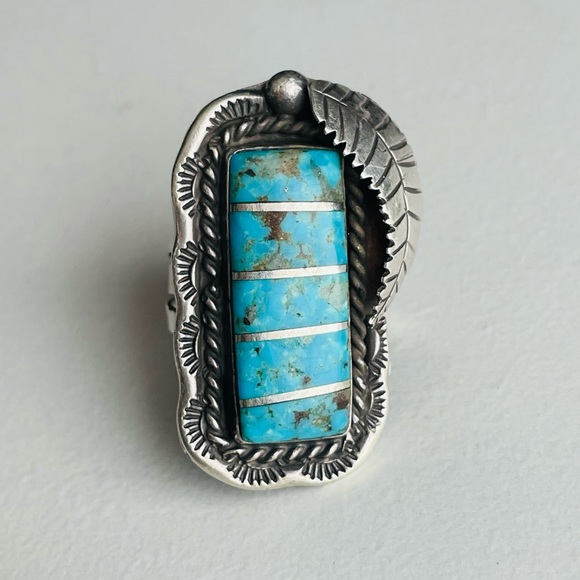 Vintage Sterling Silver Turquoise Navajo Fret Ring